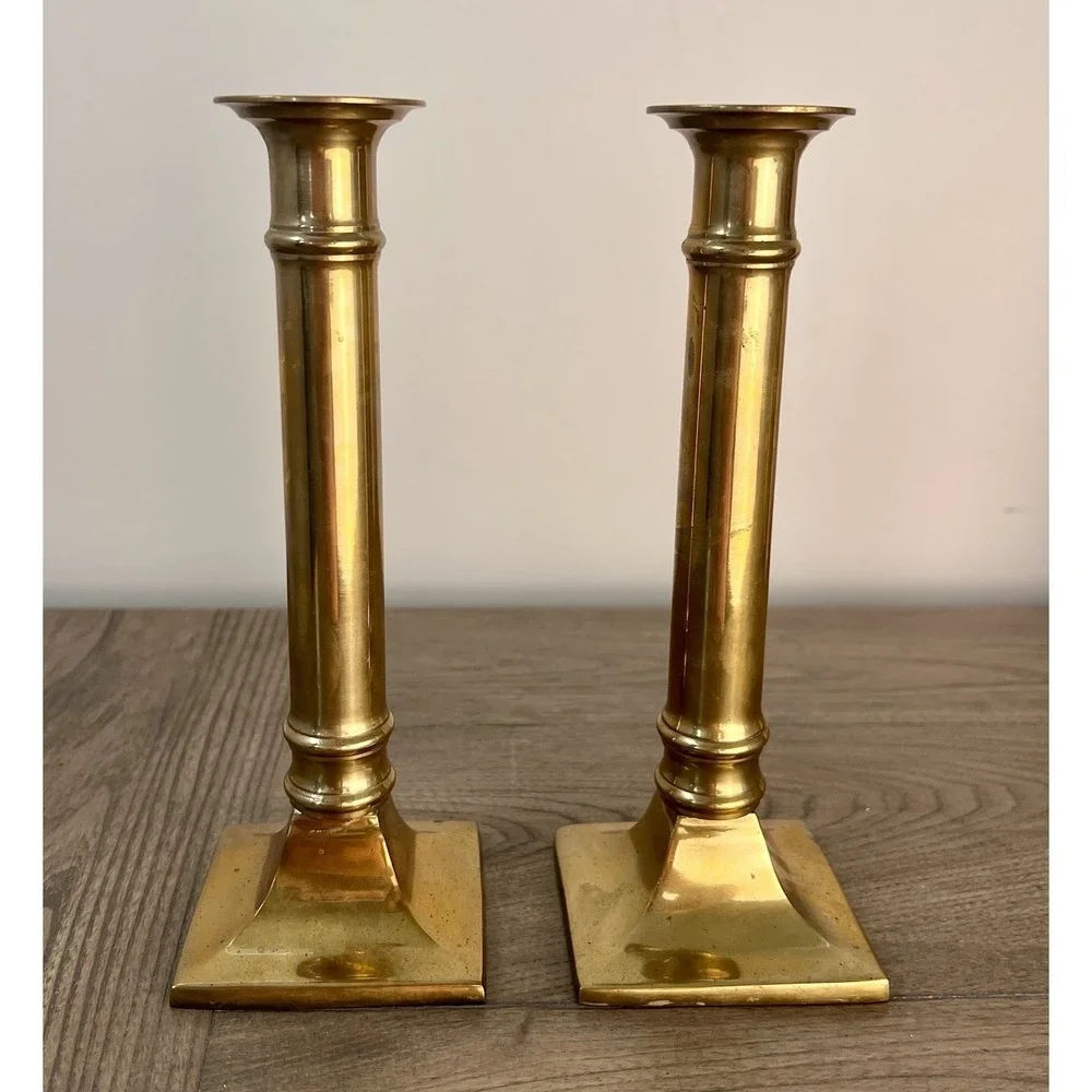 Solid Brass Candlestick Holders Pair Square Base 8.5 In